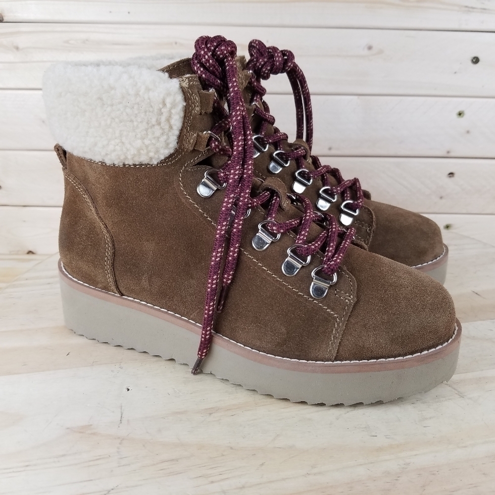 NEW Sam Edelman Franc Hiking Boot Suede Leather Faux Shearling Lace-up Bootie 6M